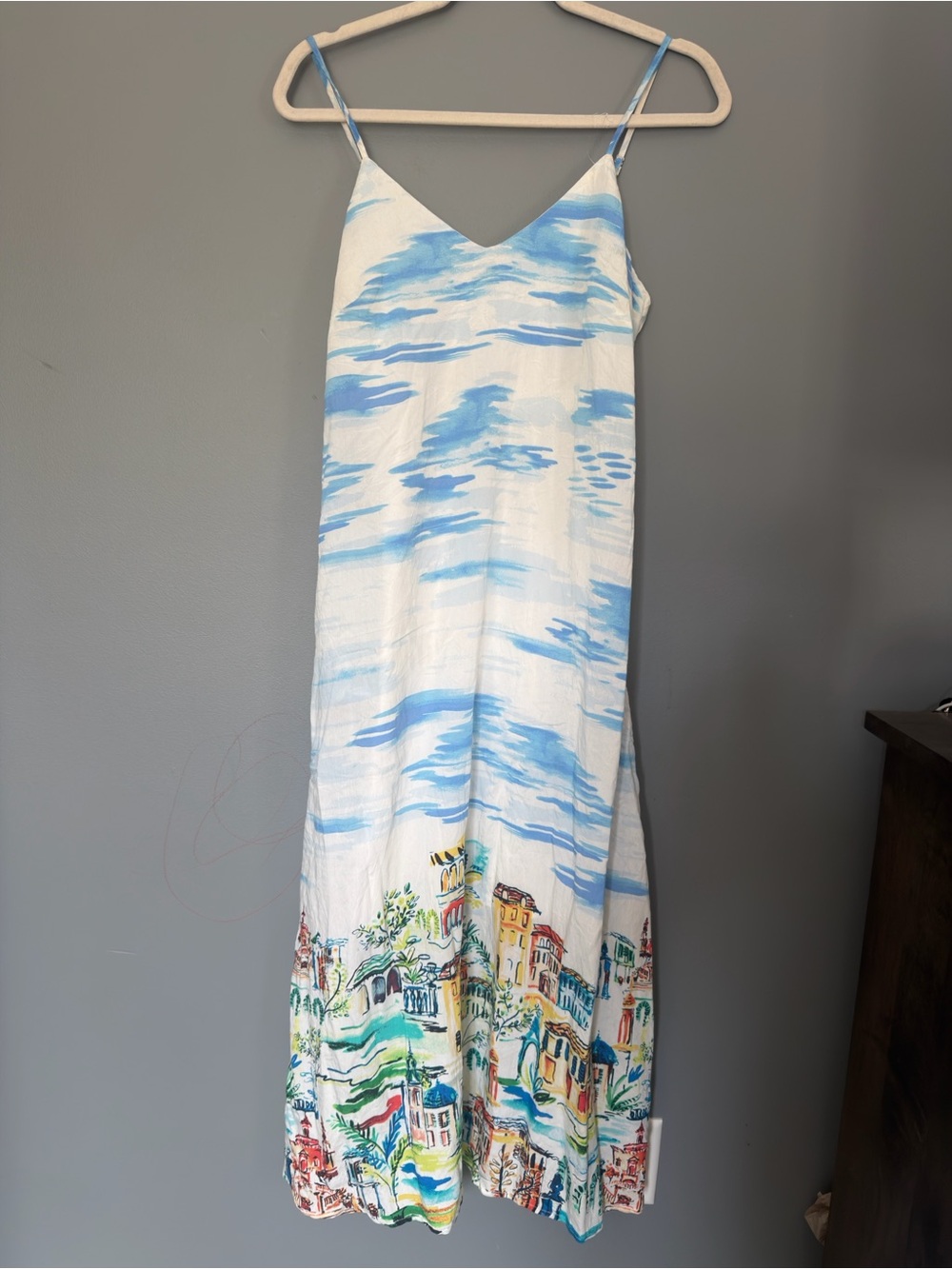 Rachel Zoe White Maxi Dress with Blue Cloud Print and Scenic Border
